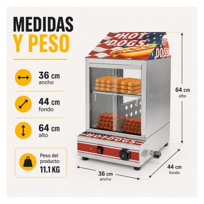 Vitrina Calentadora Vaporizadora para Hot Dogs Salchichas 850W Gutstark Control de Temperatura Exhibidor Comercial para Negocio Buffet y Cafeteria