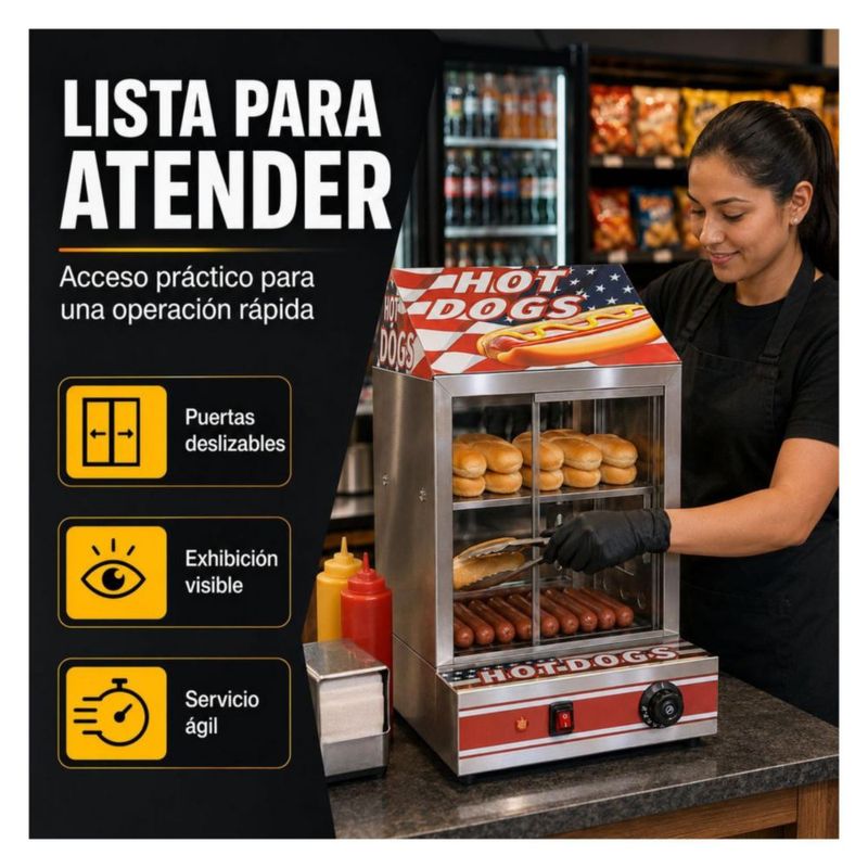 Vitrina Calentadora Vaporizadora para Hot Dogs Salchichas 850W Gutstark Control de Temperatura Exhibidor Comercial para Negocio Buffet y Cafeteria