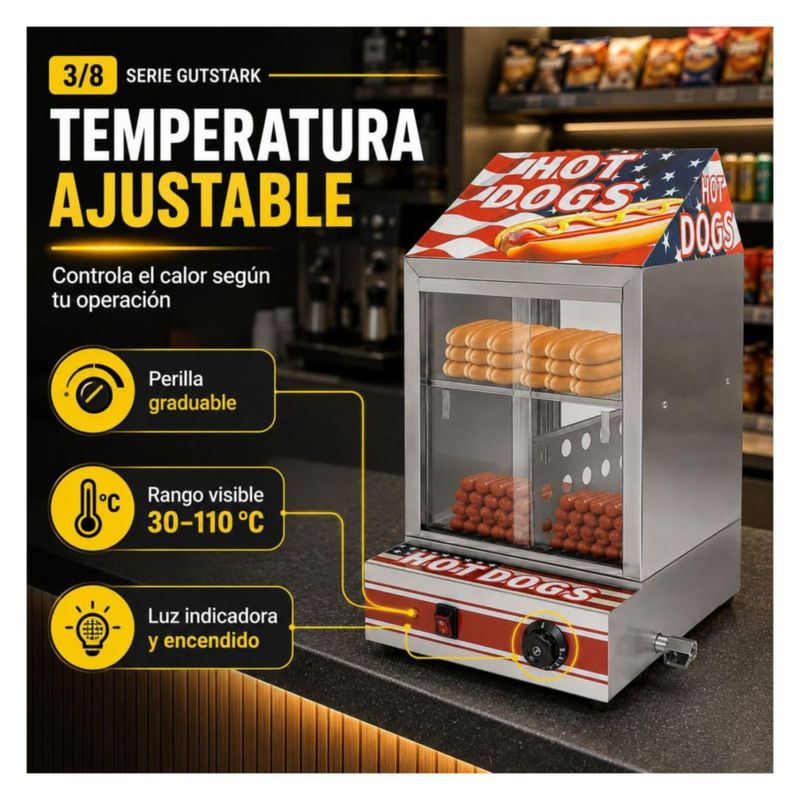 Vitrina Calentadora Vaporizadora para Hot Dogs Salchichas 850W Gutstark Control de Temperatura Exhibidor Comercial para Negocio Buffet y Cafeteria