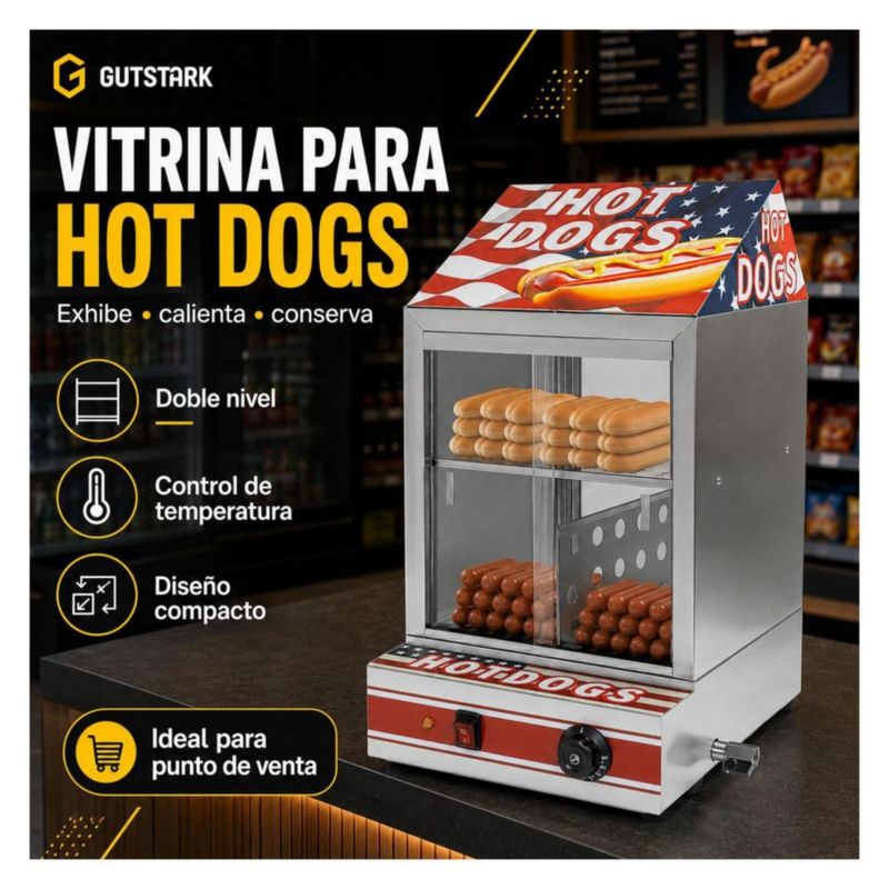 Vitrina Calentadora Vaporizadora para Hot Dogs Salchichas 850W Gutstark Control de Temperatura Exhibidor Comercial para Negocio Buffet y Cafeteria