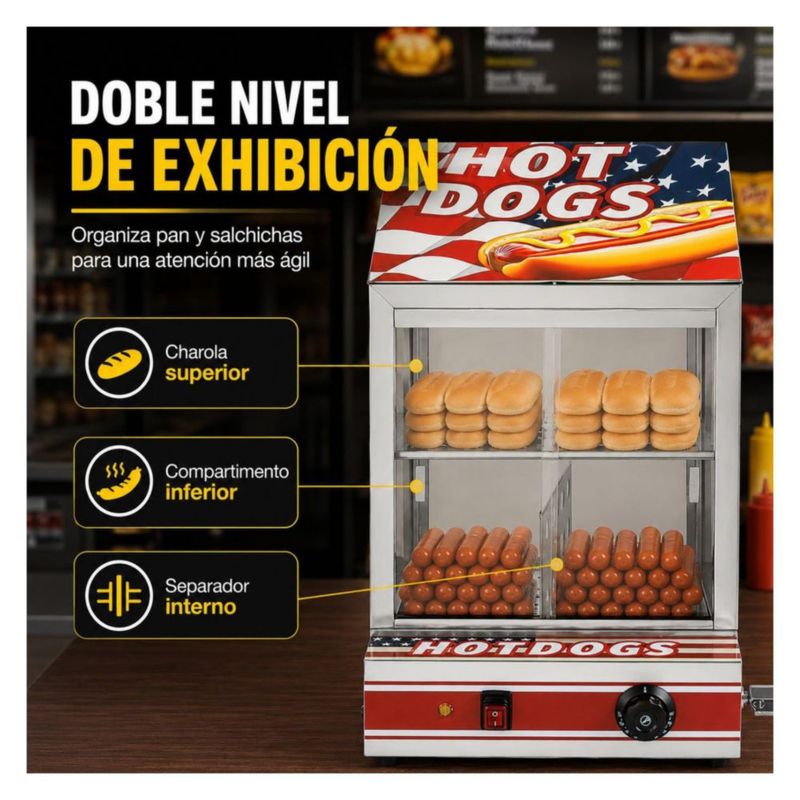 Vitrina Calentadora Vaporizadora para Hot Dogs Salchichas 850W Gutstark Control de Temperatura Exhibidor Comercial para Negocio Buffet y Cafeteria