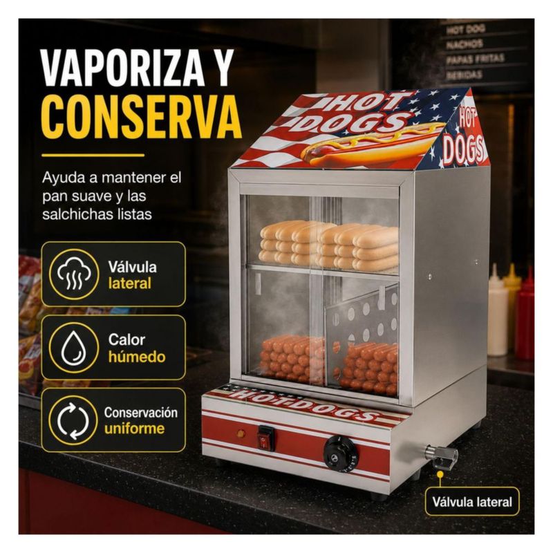 Vitrina Calentadora Vaporizadora para Hot Dogs Salchichas 850W Gutstark Control de Temperatura Exhibidor Comercial para Negocio Buffet y Cafeteria