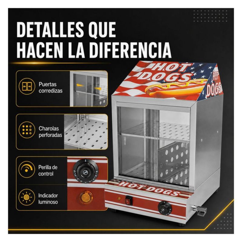 Vitrina Calentadora Vaporizadora para Hot Dogs Salchichas 850W Gutstark Control de Temperatura Exhibidor Comercial para Negocio Buffet y Cafeteria