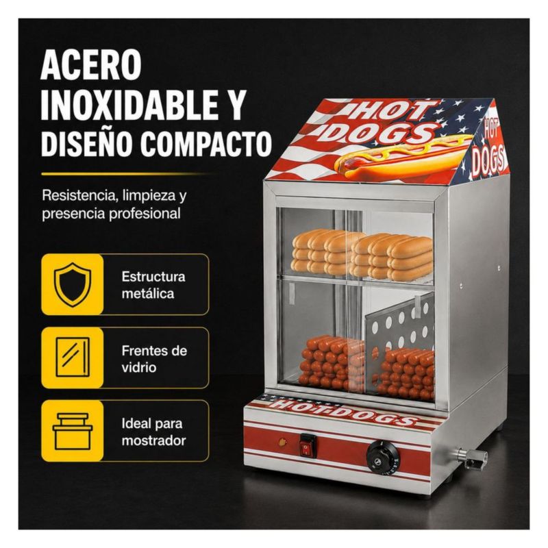 Vitrina Calentadora Vaporizadora para Hot Dogs Salchichas 850W Gutstark Control de Temperatura Exhibidor Comercial para Negocio Buffet y Cafeteria