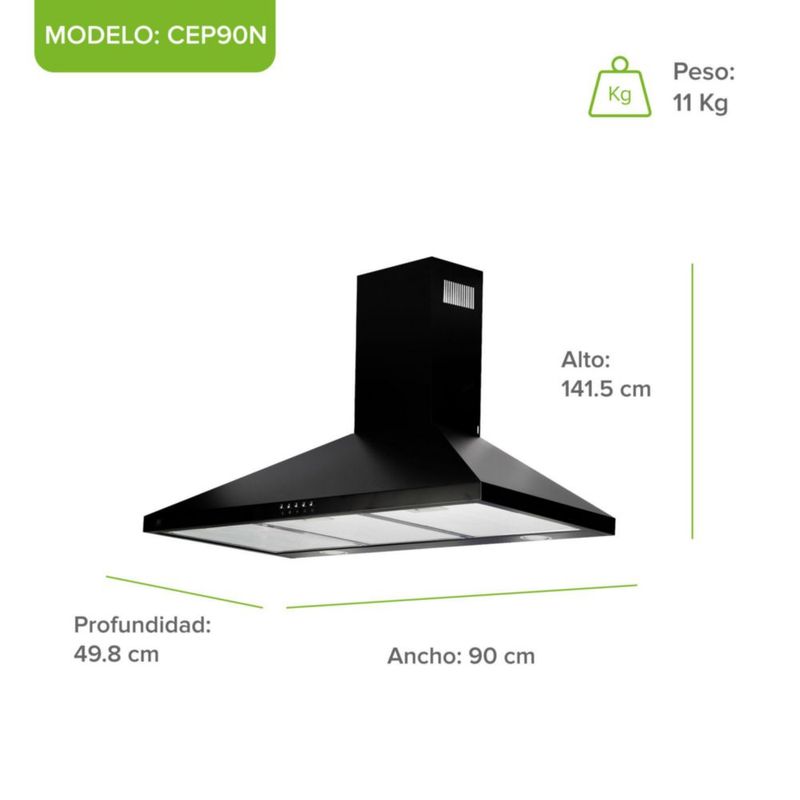 Campana para cocina de pared piramidal 90cm 3 Velocidades, Filtros malla metálica y Filtro de carbón activado, Extrae y Purifica Negro Avera CEP90N