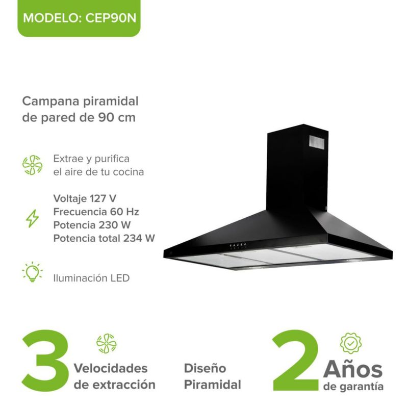 Campana para cocina de pared piramidal 90cm 3 Velocidades, Filtros malla metálica y Filtro de carbón activado, Extrae y Purifica Negro Avera CEP90N