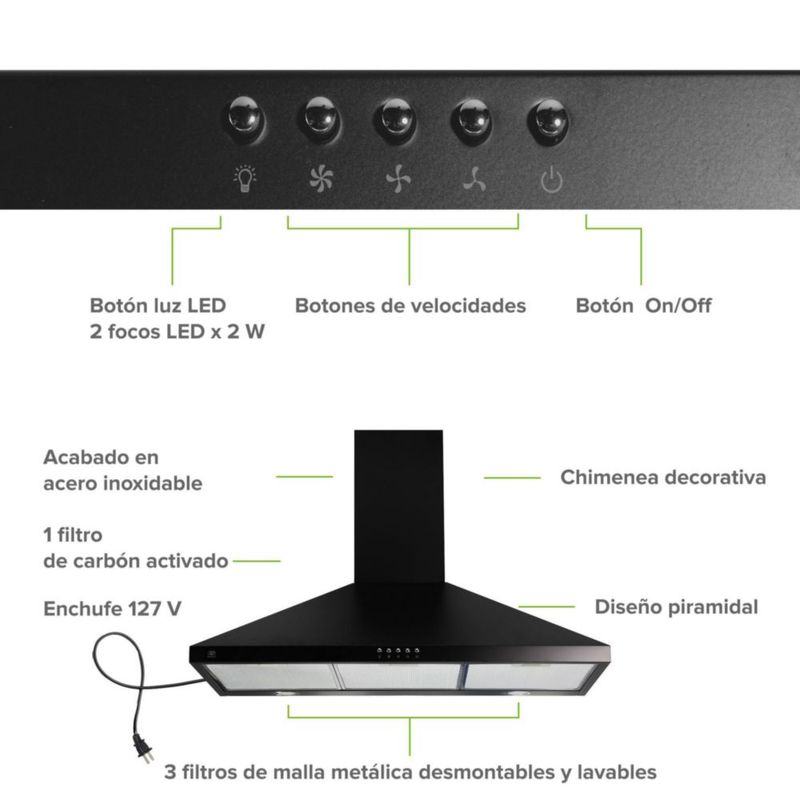 Campana para cocina de pared piramidal 90cm 3 Velocidades, Filtros malla metálica y Filtro de carbón activado, Extrae y Purifica Negro Avera CEP90N