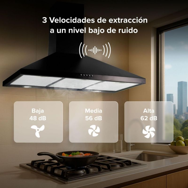 Campana para cocina de pared piramidal 90cm 3 Velocidades, Filtros malla metálica y Filtro de carbón activado, Extrae y Purifica Negro Avera CEP90N