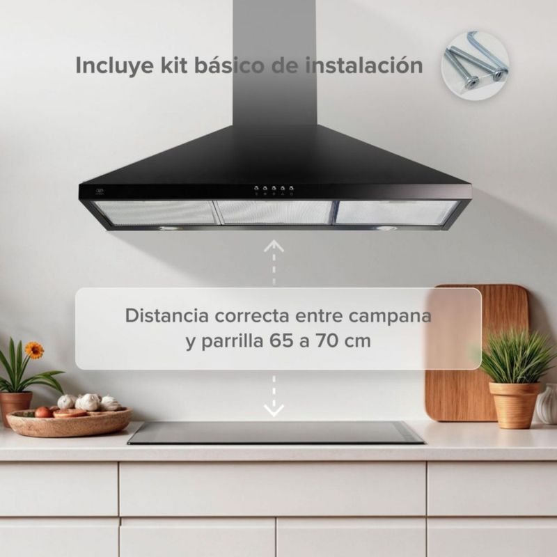 Campana para cocina de pared piramidal 90cm 3 Velocidades, Filtros malla metálica y Filtro de carbón activado, Extrae y Purifica Negro Avera CEP90N