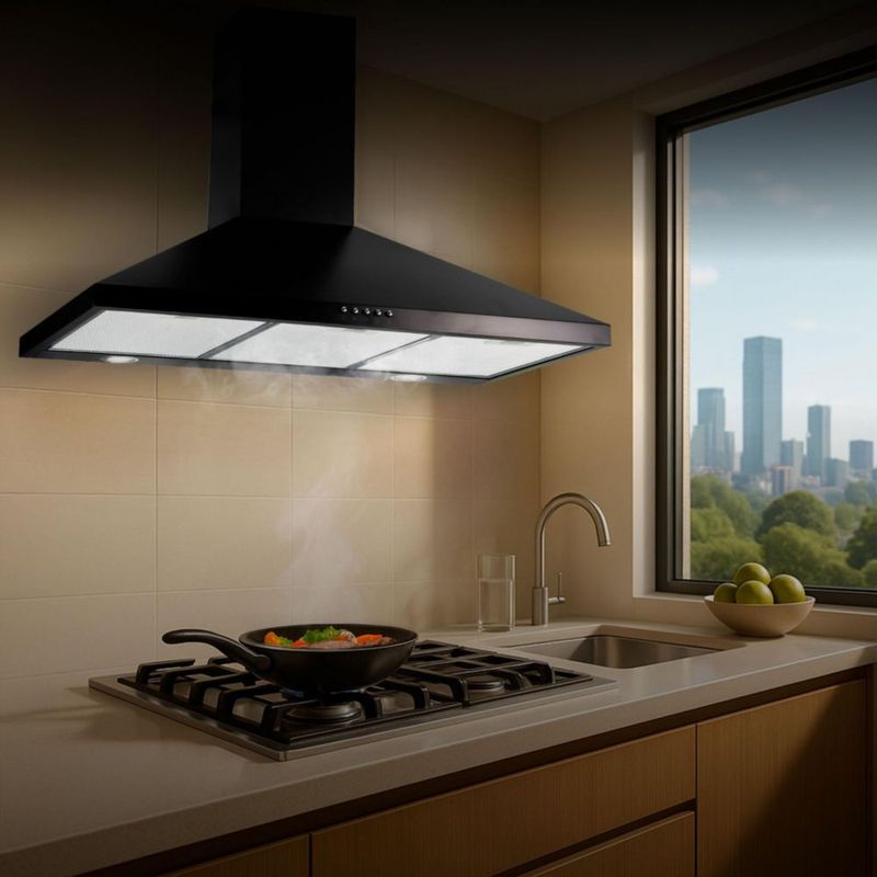 Campana para cocina de pared piramidal 90cm 3 Velocidades, Filtros malla metálica y Filtro de carbón activado, Extrae y Purifica Negro Avera CEP90N