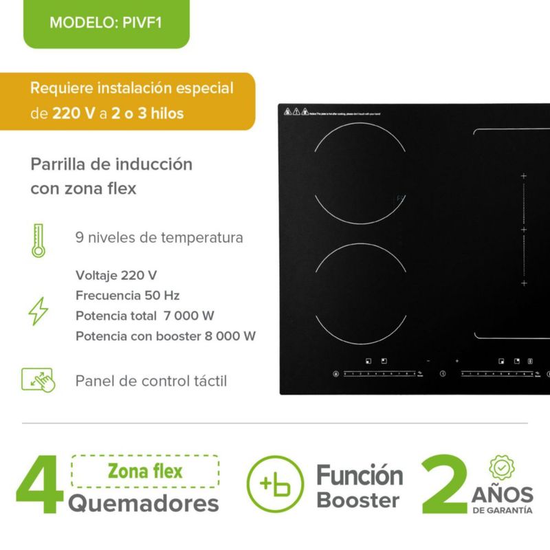 Parrilla Inducción 4 Quemadores 1 Zona Flex Táctil 220v Avera PIVF1