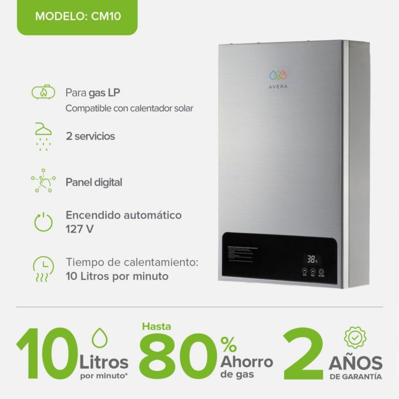 Calentador de agua instantáneo modulante Gas LP, Capacidad 10L/Minuto, 2 Servicios AVERA CM10