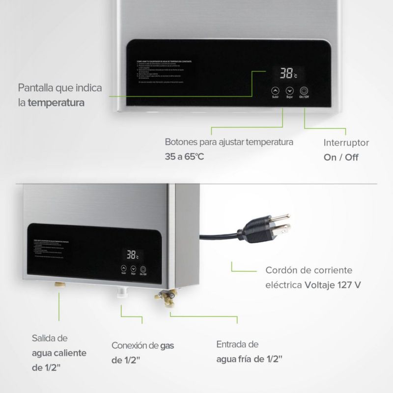 Calentador de agua instantáneo modulante Gas LP, Capacidad 10L/Minuto, 2 Servicios AVERA CM10