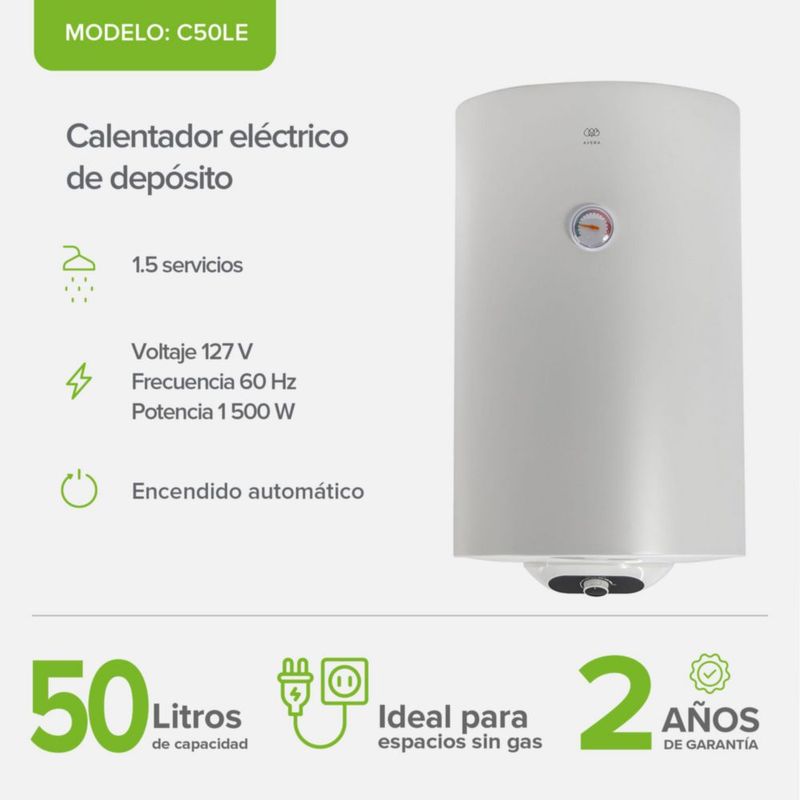 Boiler de depósito 50 Litros Calentador de agua eléctrico 1.5 Servicios Hasta 75°C 127V Avera C50LE
