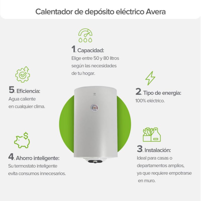 Boiler de depósito 50 Litros Calentador de agua eléctrico 1.5 Servicios Hasta 75°C 127V Avera C50LE