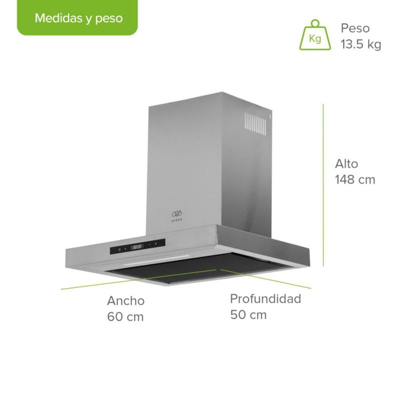 Campana de pared Tipo T 60cm Acero Inoxidable, 3 Velocidades, 1 filtro de malla y 2 filtros de carbón activado, Control por gestos y panel digital