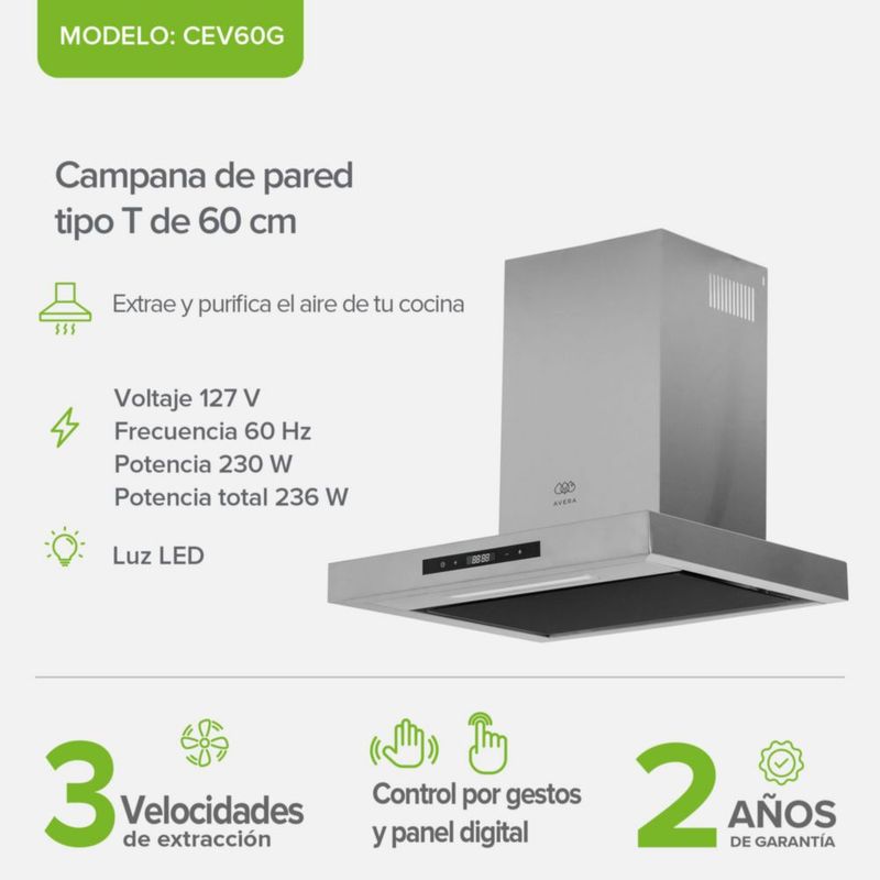 Campana de pared Tipo T 60cm Acero Inoxidable, 3 Velocidades, 1 filtro de malla y 2 filtros de carbón activado, Control por gestos y panel digital