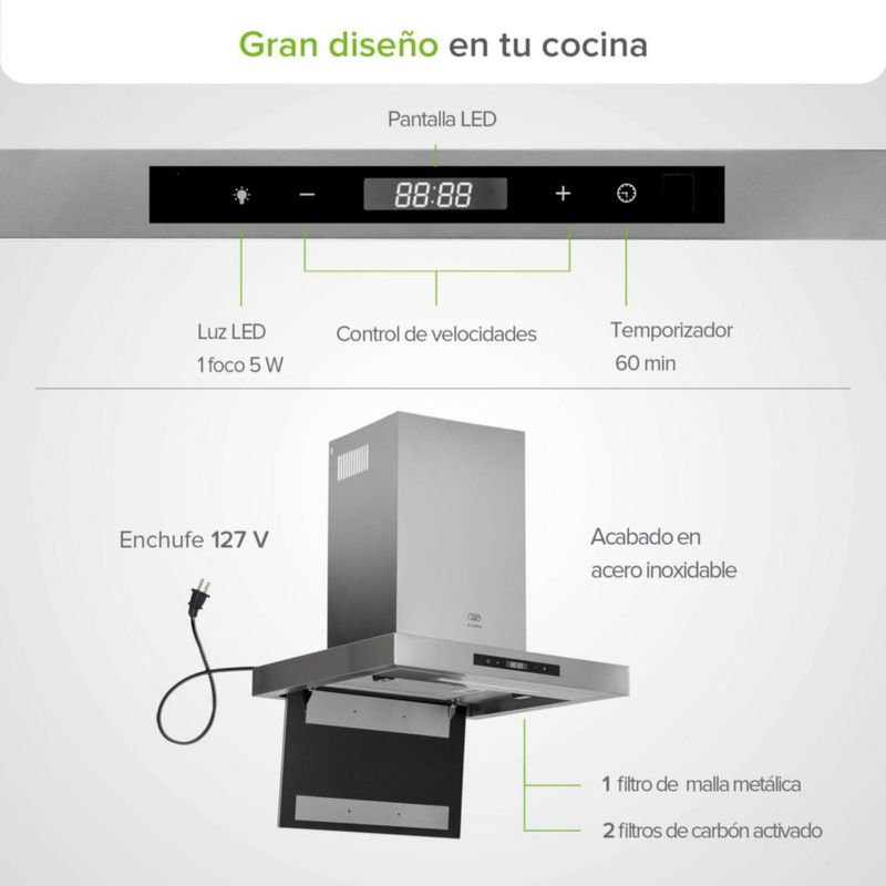 Campana de pared Tipo T 60cm Acero Inoxidable, 3 Velocidades, 1 filtro de malla y 2 filtros de carbón activado, Control por gestos y panel digital