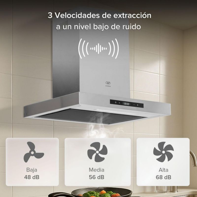 Campana de pared Tipo T 60cm Acero Inoxidable, 3 Velocidades, 1 filtro de malla y 2 filtros de carbón activado, Control por gestos y panel digital