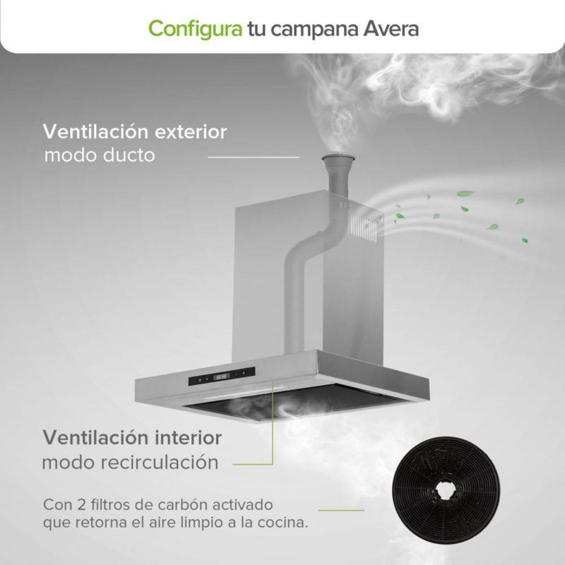 Campana de pared Tipo T 60cm Acero Inoxidable, 3 Velocidades, 1 filtro de malla y 2 filtros de carbón activado, Control por gestos y panel digital