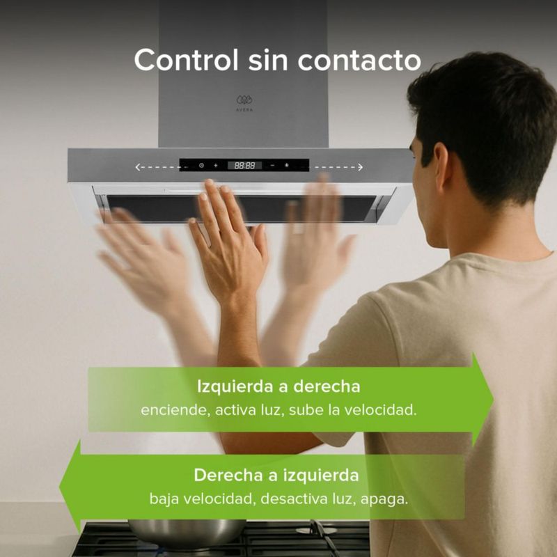 Campana de pared Tipo T 60cm Acero Inoxidable, 3 Velocidades, 1 filtro de malla y 2 filtros de carbón activado, Control por gestos y panel digital