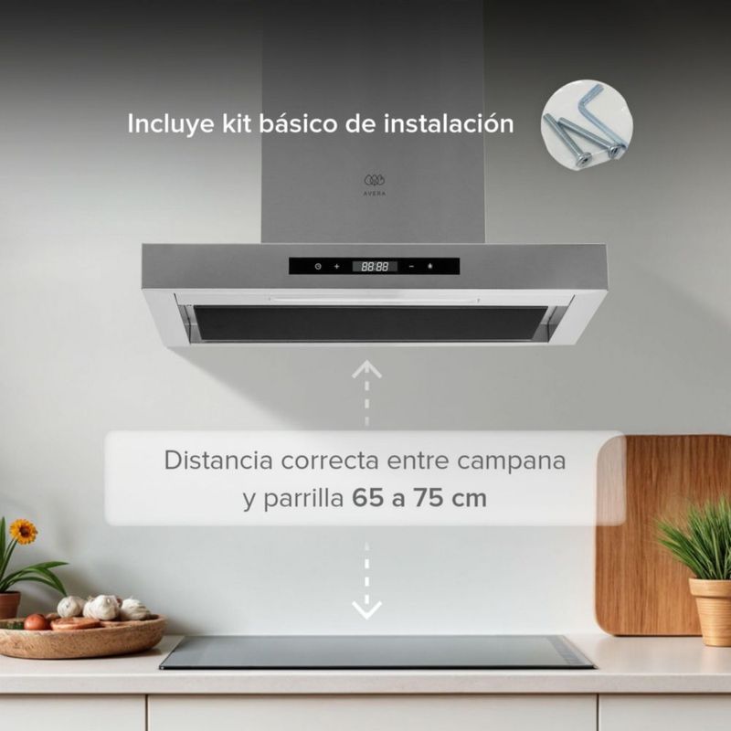 Campana de pared Tipo T 60cm Acero Inoxidable, 3 Velocidades, 1 filtro de malla y 2 filtros de carbón activado, Control por gestos y panel digital
