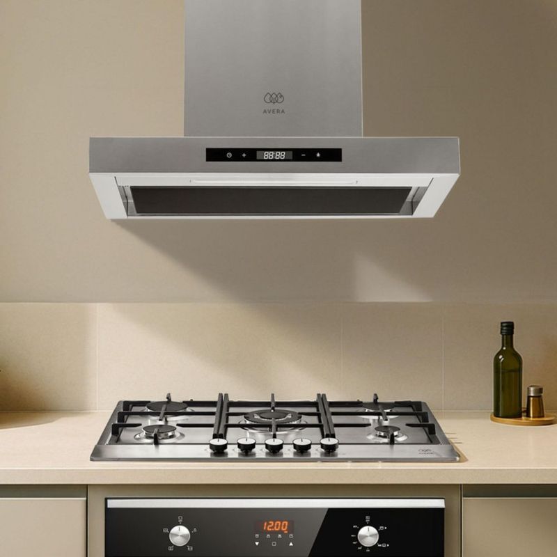 Campana de pared Tipo T 60cm Acero Inoxidable, 3 Velocidades, 1 filtro de malla y 2 filtros de carbón activado, Control por gestos y panel digital