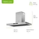Campana de pared Tipo T 90cm Acero Inoxidable, 3 Velocidades, 2 filtro de malla y 2 filtros de carbón activado, Control por gestos y panel digital