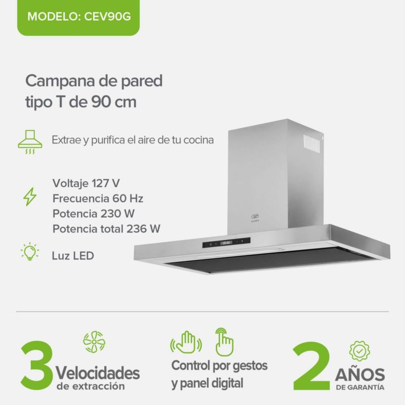 Campana de pared Tipo T 90cm Acero Inoxidable, 3 Velocidades, 2 filtro de malla y 2 filtros de carbón activado, Control por gestos y panel digital