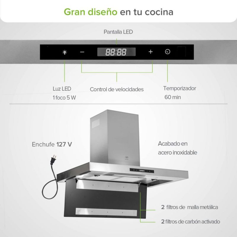 Campana de pared Tipo T 90cm Acero Inoxidable, 3 Velocidades, 2 filtro de malla y 2 filtros de carbón activado, Control por gestos y panel digital