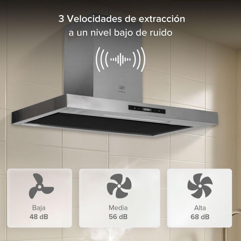 Campana de pared Tipo T 90cm Acero Inoxidable, 3 Velocidades, 2 filtro de malla y 2 filtros de carbón activado, Control por gestos y panel digital