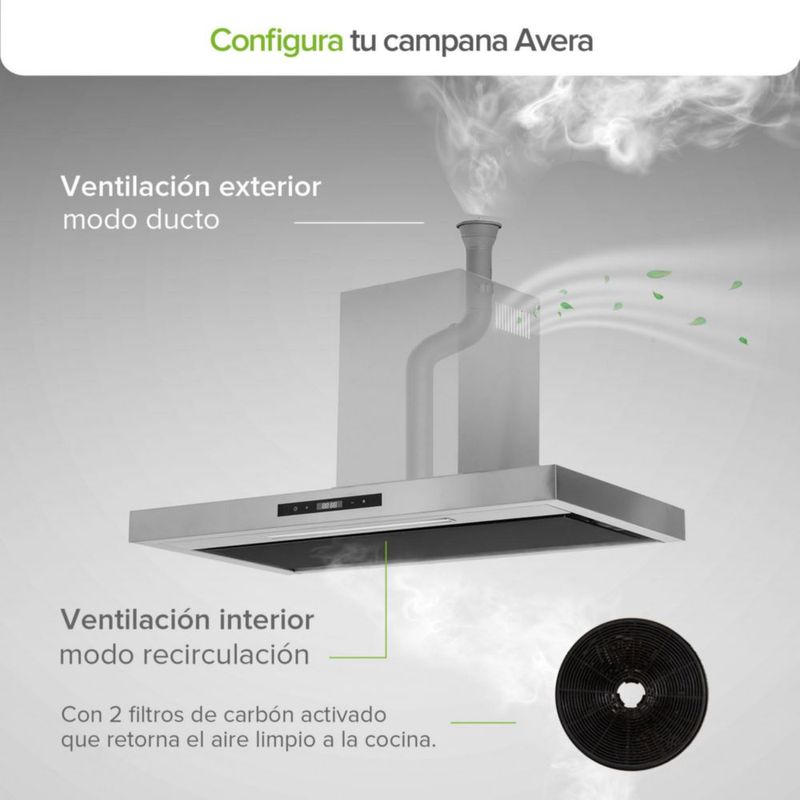 Campana de pared Tipo T 90cm Acero Inoxidable, 3 Velocidades, 2 filtro de malla y 2 filtros de carbón activado, Control por gestos y panel digital