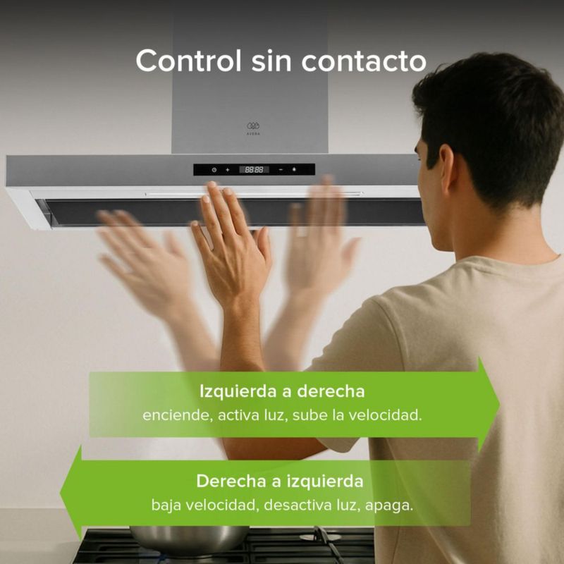 Campana de pared Tipo T 90cm Acero Inoxidable, 3 Velocidades, 2 filtro de malla y 2 filtros de carbón activado, Control por gestos y panel digital