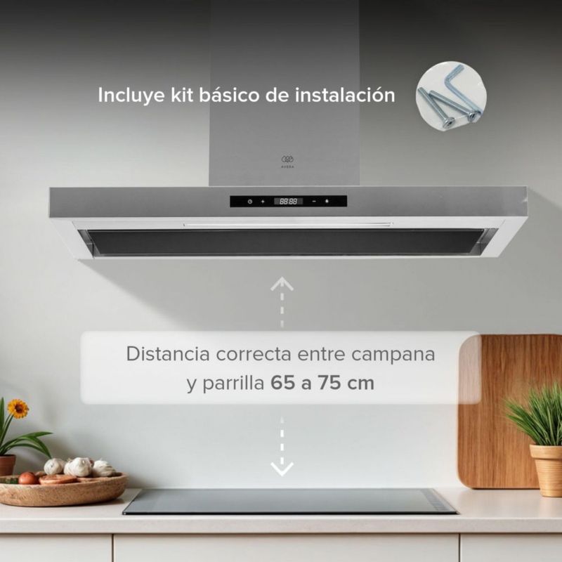 Campana de pared Tipo T 90cm Acero Inoxidable, 3 Velocidades, 2 filtro de malla y 2 filtros de carbón activado, Control por gestos y panel digital