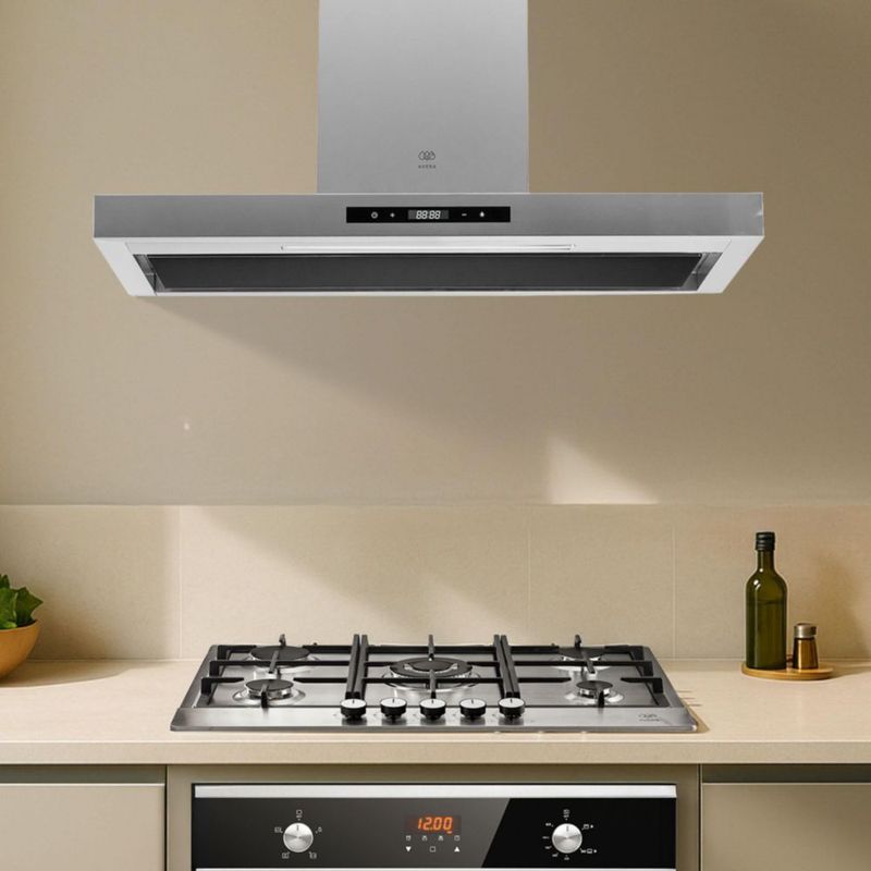 Campana de pared Tipo T 90cm Acero Inoxidable, 3 Velocidades, 2 filtro de malla y 2 filtros de carbón activado, Control por gestos y panel digital