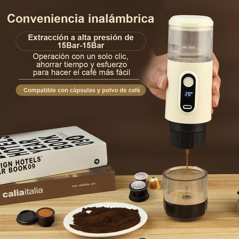 Cafetera Portátil Inalámbrica Tipo Espresso con Carga TYPE-C.Máquina de Café Compacta ,5W, Diseño en Color Beige