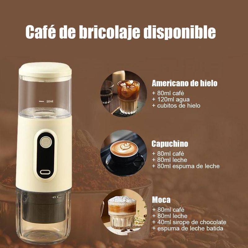 Cafetera Portátil Inalámbrica Tipo Espresso con Carga TYPE-C.Máquina de Café Compacta ,5W, Diseño en Color Beige