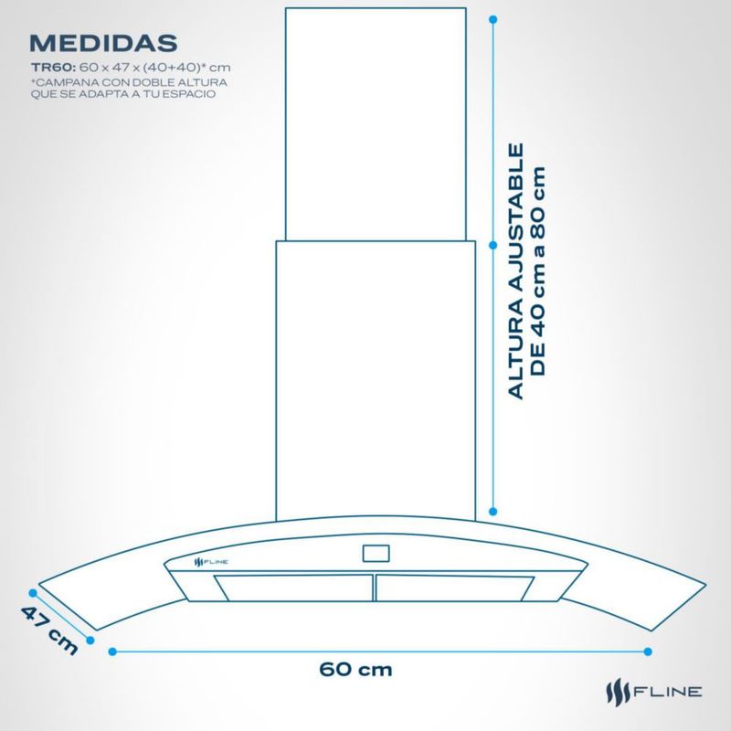 FLINE | Campana de cocina 60 cm | DE PARED | Controles Touch |extractora | cristal curvo y  acero Inoxidable | 3 velocidades | Tromso 60