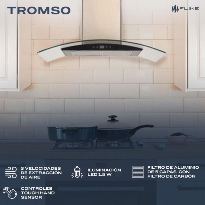 FLINE | Campana de cocina 60 cm | DE PARED | Controles Touch |extractora | cristal curvo y  acero Inoxidable | 3 velocidades | Tromso 60