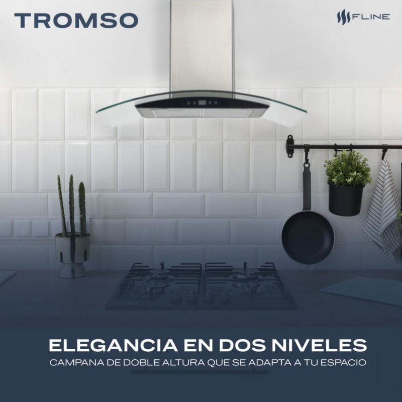 FLINE | Campana de cocina 60 cm | DE PARED | Controles Touch |extractora | cristal curvo y  acero Inoxidable | 3 velocidades | Tromso 60