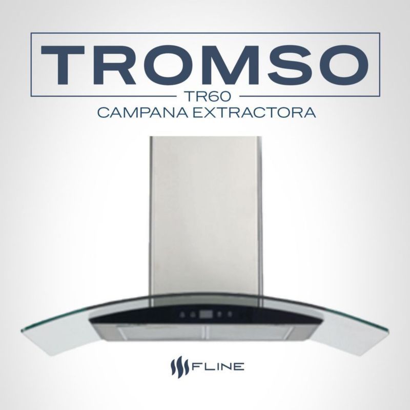 FLINE | Campana de cocina 60 cm | DE PARED | Controles Touch |extractora | cristal curvo y  acero Inoxidable | 3 velocidades | Tromso 60