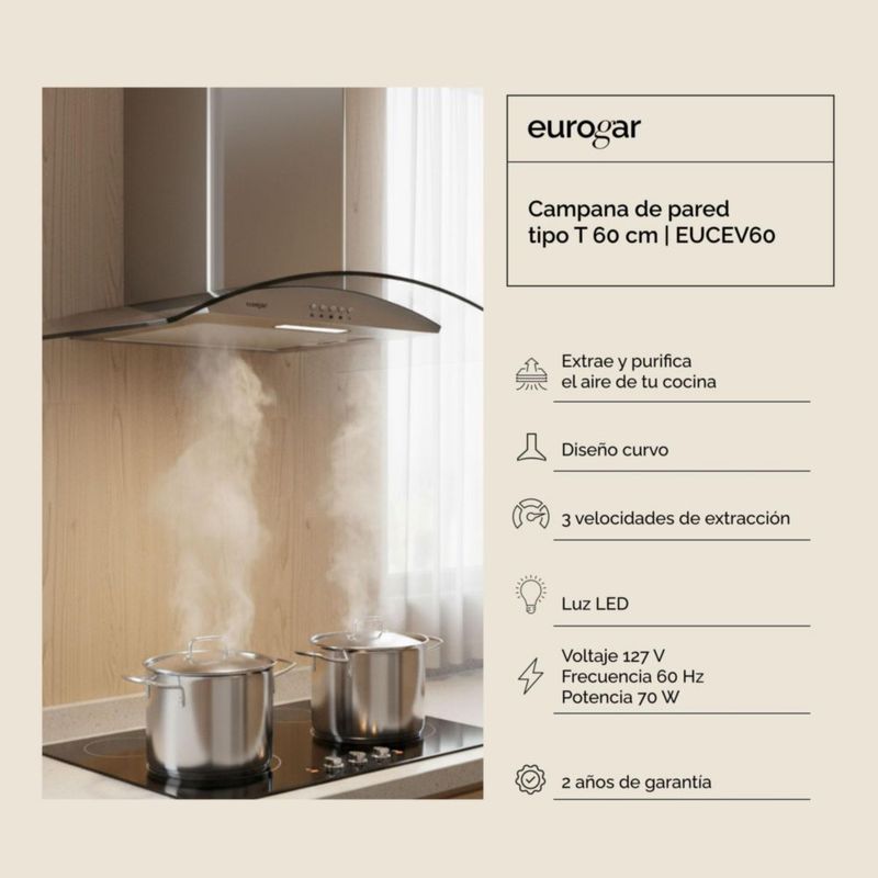 Campana de pared 60 cm 400 m3/h de extracción EUROGAR EUCEV60