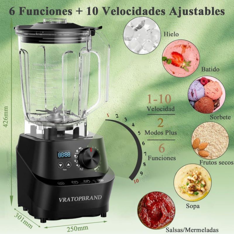 VRATOPBRAND Licuadora Profesional 1500W, Licuadora Autolimpiable con Vaso de 2L Apta para Lavavajillas, 10 Velocidades Ajustable