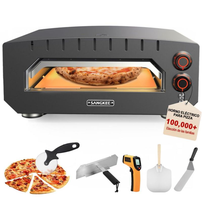 SANGKEE Horno Eléctrico para Pizza, Horno de Pizza Portátil de 13″, Calienta hasta 400°C, Accesorios Completos y Piedra para Piz