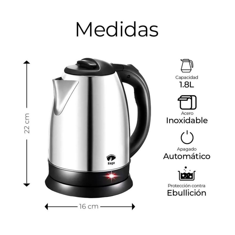RagaBasics, Tetera Eléctrica de 1.8 Litros, Hervidor de Agua de Acero inoxidable, Apagado Automático 900W