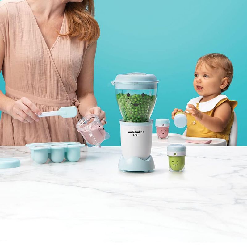NutriBullet Baby, Procesador de Alimentos Bebe con 16 Accesorios Original Azul, Tazones de Almacenamiento con Fecha, Baby Bullet