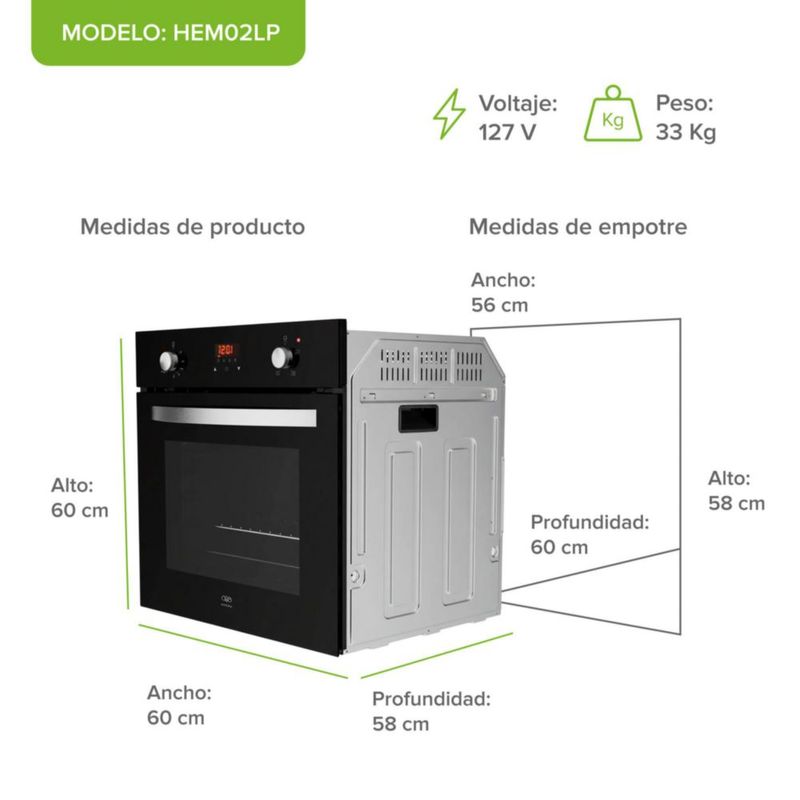 Horno empotrable mixto gas LP y eléctrico 58L Panel Digital AVERA