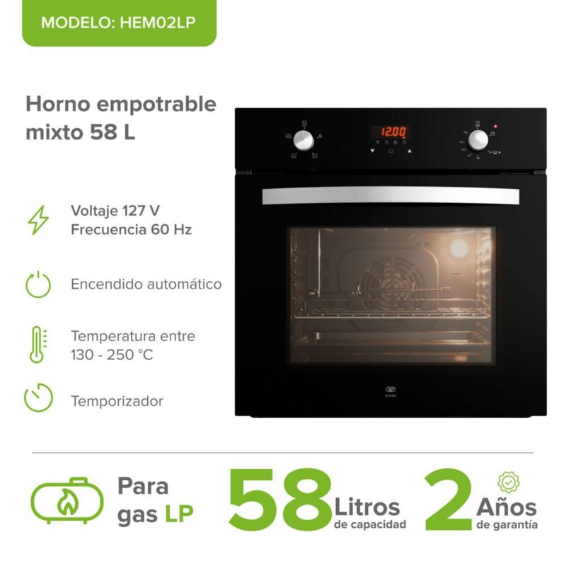 Horno empotrable mixto gas LP y eléctrico 58L Panel Digital AVERA