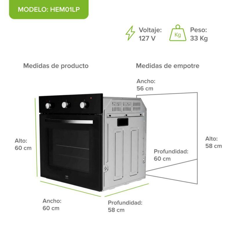 Horno empotrable mixto gas LP y eléctrico 58 L AVERA HEM01LP