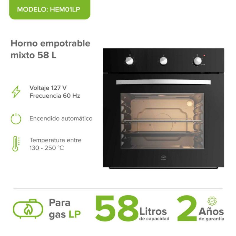 Horno empotrable mixto gas LP y eléctrico 58 L AVERA HEM01LP